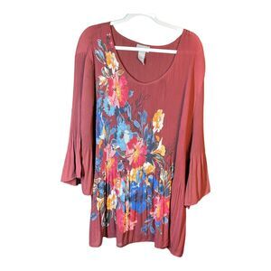 Catherines Womens 4X Top Pleated Floral Scoop Neck Bell Sleeve Boho 30/32 W Work